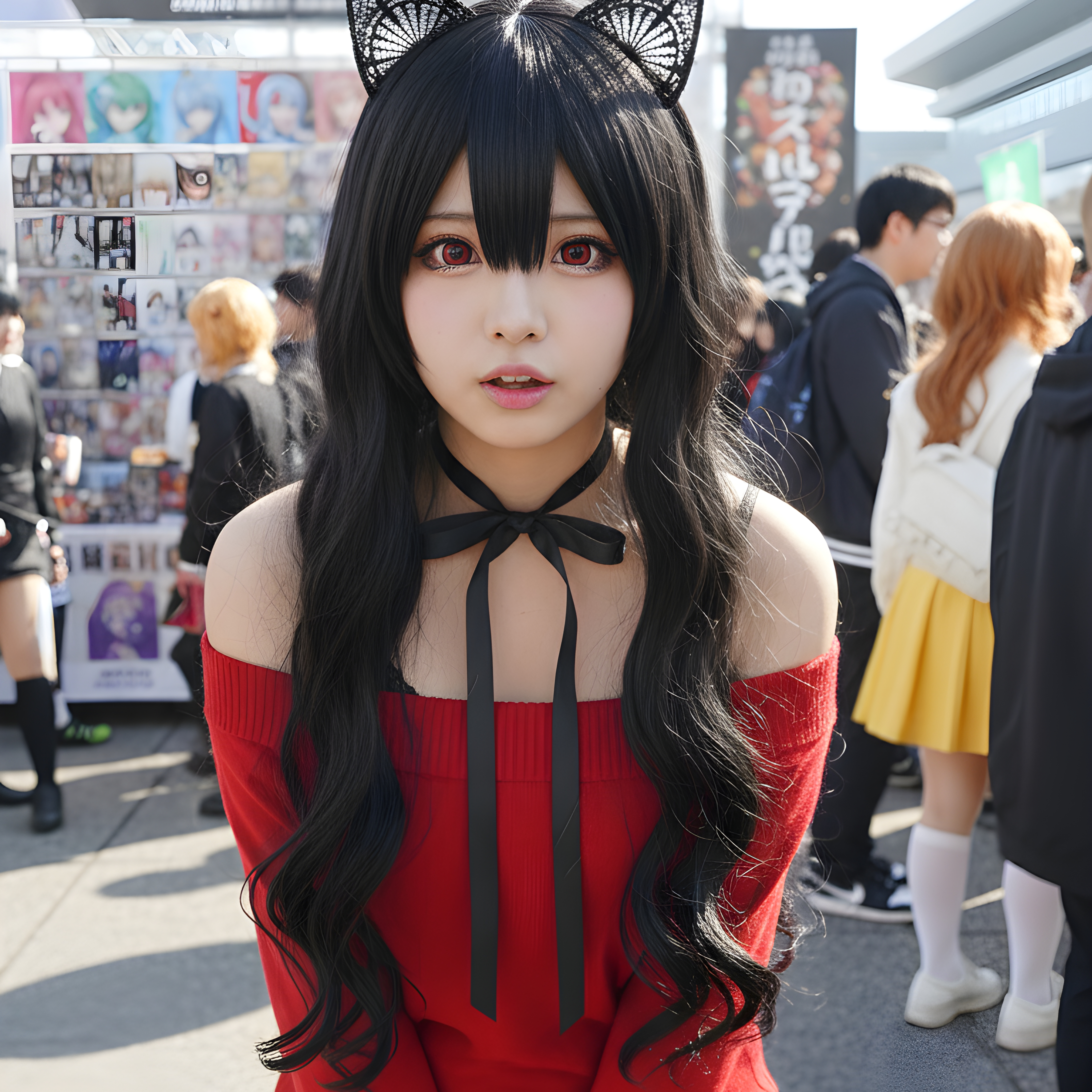 Generate a highly detailed photo of a girl cosplaying this illustration at Comiket. Exactly replicate the same pose, body posture, hand gestures, facial expression, and camera framing as in the original illustration. Keep the same angle, perspective, and composition without any deviation.