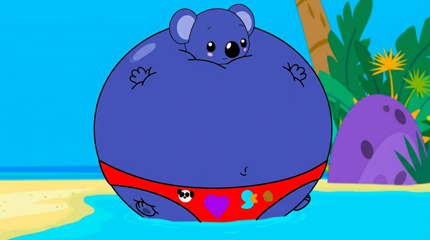 Tolee The Koala appears to be inflated into a large like a blueberry, spherical shape. His blue body is significantly expanded, and his blue arms and blue legs are small in comparison, appearing pressed against the surface of his rounded blue body and the blue head, blue arms and blue legs got shucked in into his spherical shaped giant blue body.