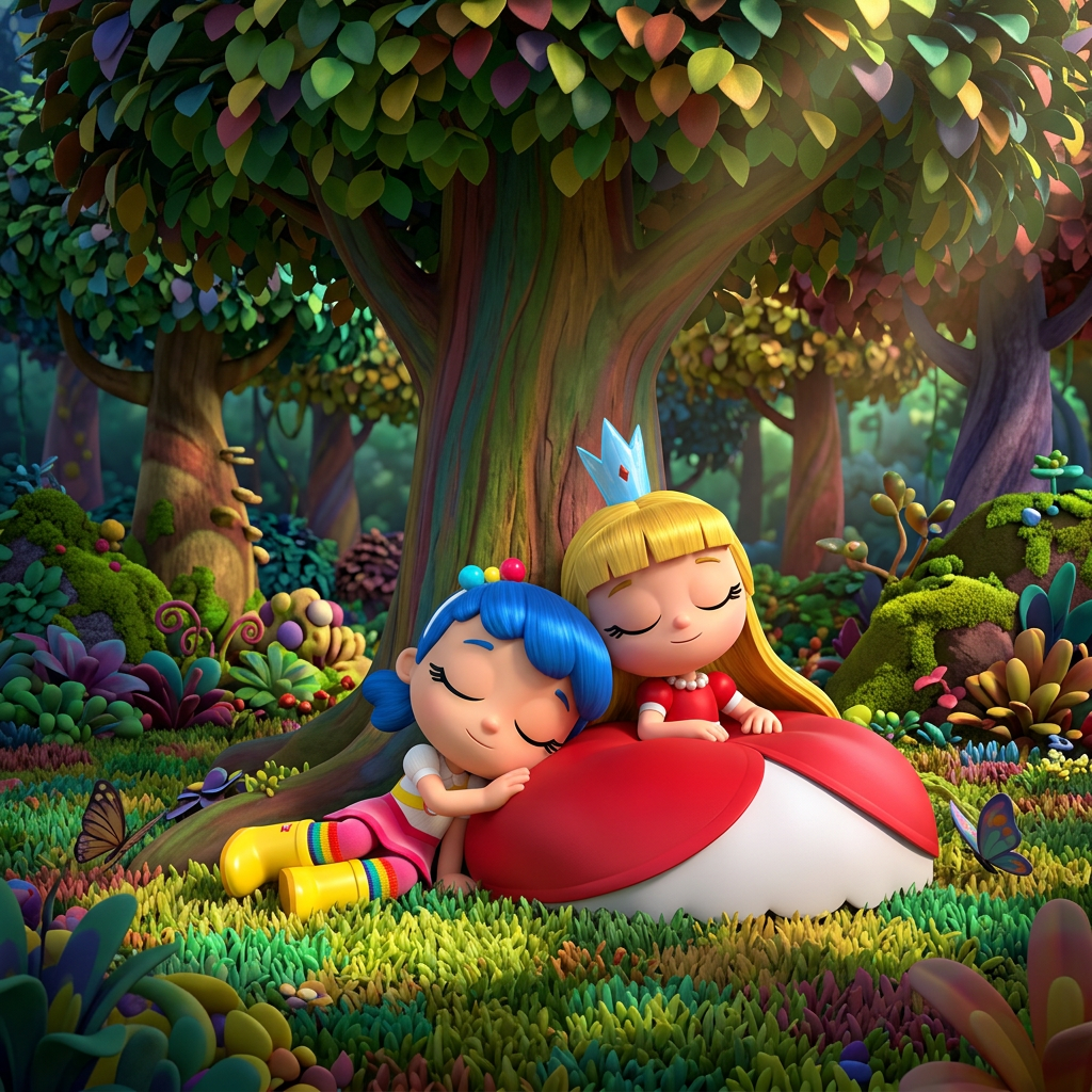 True and Grizelda sitting next to each other on the grass, under a tree, in a forest. True on the left, Grizelda on the right. Grizelda’s dress was a bit big, puffy, and spread out around her. True lied down, eyes closed, and rested her head on Grizelda’s soft and comfy dress. They both closed their eyes in relaxation.